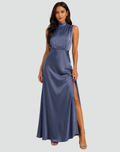 Elegant long evening dress with turtleneck and slit