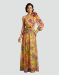 Purple one-shoulder maxi dress with floral print