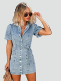 Denim mini shirt dress for summer with belt and buttons