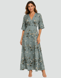 Robe longue élégante pour femme à fleurs avec décolleté en V pour gala
