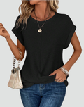Knit top with short sleeves and a crossover hem