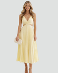 Elegant pleated midi cocktail dress with V-neck
