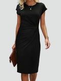 Fitted women's midi dress with ruching and cap sleeves