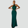 Fitted maxi evening halter dress with an open back