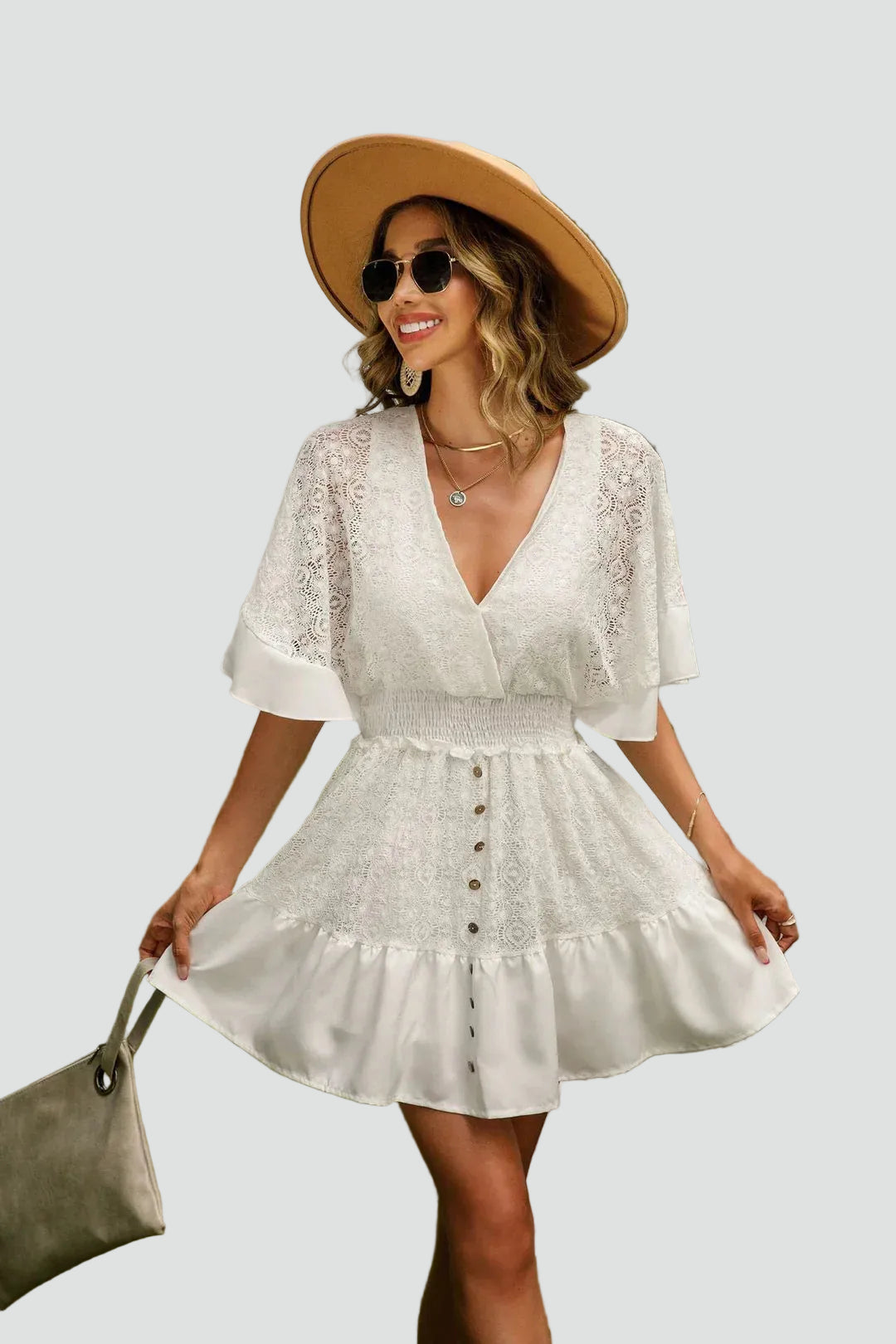Boho women's lace mini dress with buttons for summer – Klara Mody