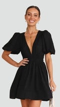 Flared mini dress for women with puff sleeves and V-neckline