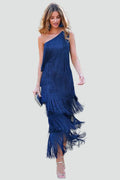 Women's one-shoulder maxi party dress with fringe