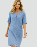 Simple women's linen midi dress with 3/4 sleeves and pockets