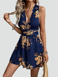 Women's summer jumpsuit with floral print and V-neck in boho style