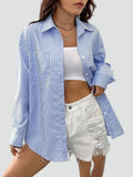 Blue Loose Oversized Striped Shirt for Everyday Wear