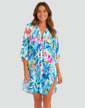 Oversized beach tunic for swimsuit with tropical pattern