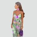 Sleeveless floral maxi evening dress with open back for a wedding