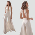 Elegant women's wedding jumpsuit with halter neckline and open back
