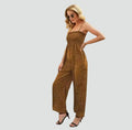 Summer women's jumpsuit with polka dots, ruched top, and wide legs