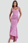 Fitted maxi gala dress with ruching and square neckline