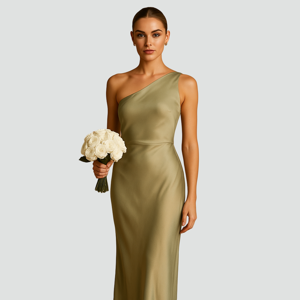 Dopasowana długa sukienka koktajlowa na jedno ramię idealna na wesele