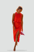 Women’s Midi Dress with a High Neckline and Slit