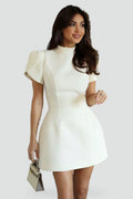 Women's Mini Dress with Puffy Sleeves and Round Neckline