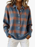 Women's checked knit shirt cardigan with a collar