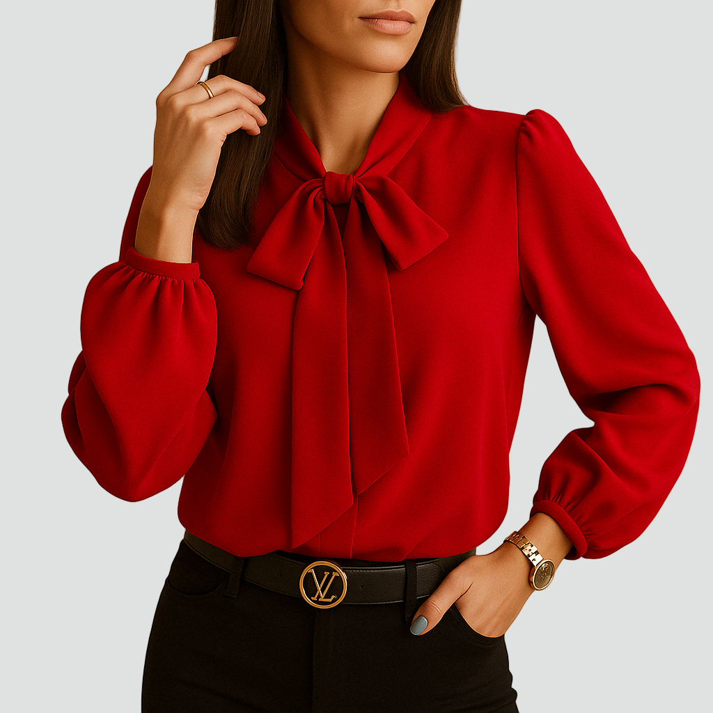 Bluzka szyfonowa z kokardą przy szyi i długim rękawem elegancka