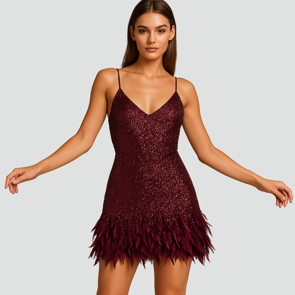 Sukienka koktajlowa mini z cekinami i piórkowym wykończeniem