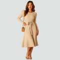 Knit midi dress with waist belt and long sleeves