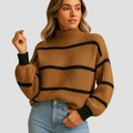 Ribbed striped turtleneck for women with contrasting cuffs