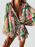 Summer women's boho floral wrap jumpsuit with long sleeves