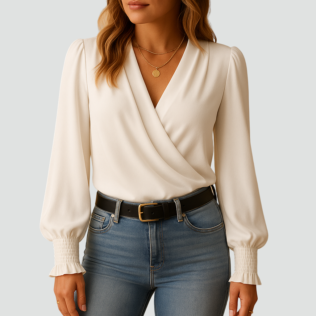 Elegancka satynowa damska bluzka kopertowa z długim rękawem