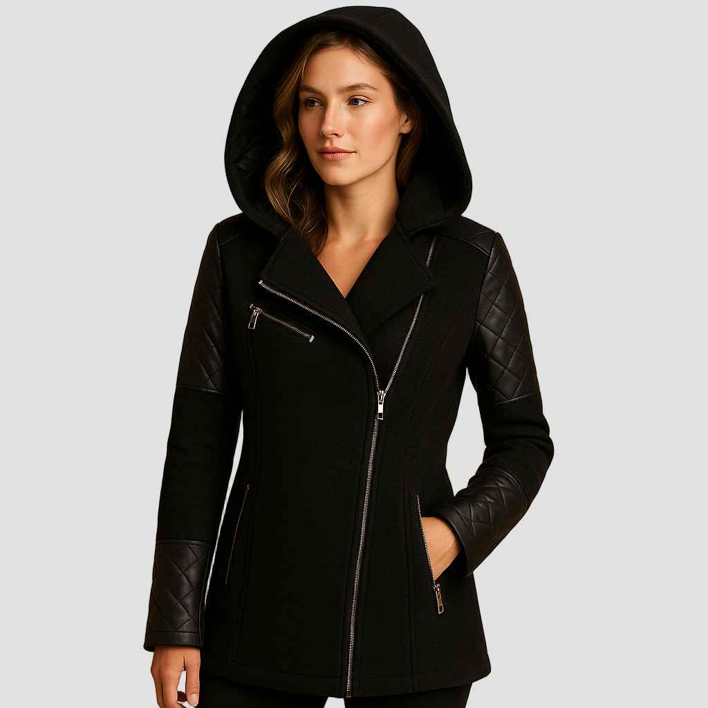 Płaszcz wełniany z kapturem zamek na skos pikowane rękawy damski