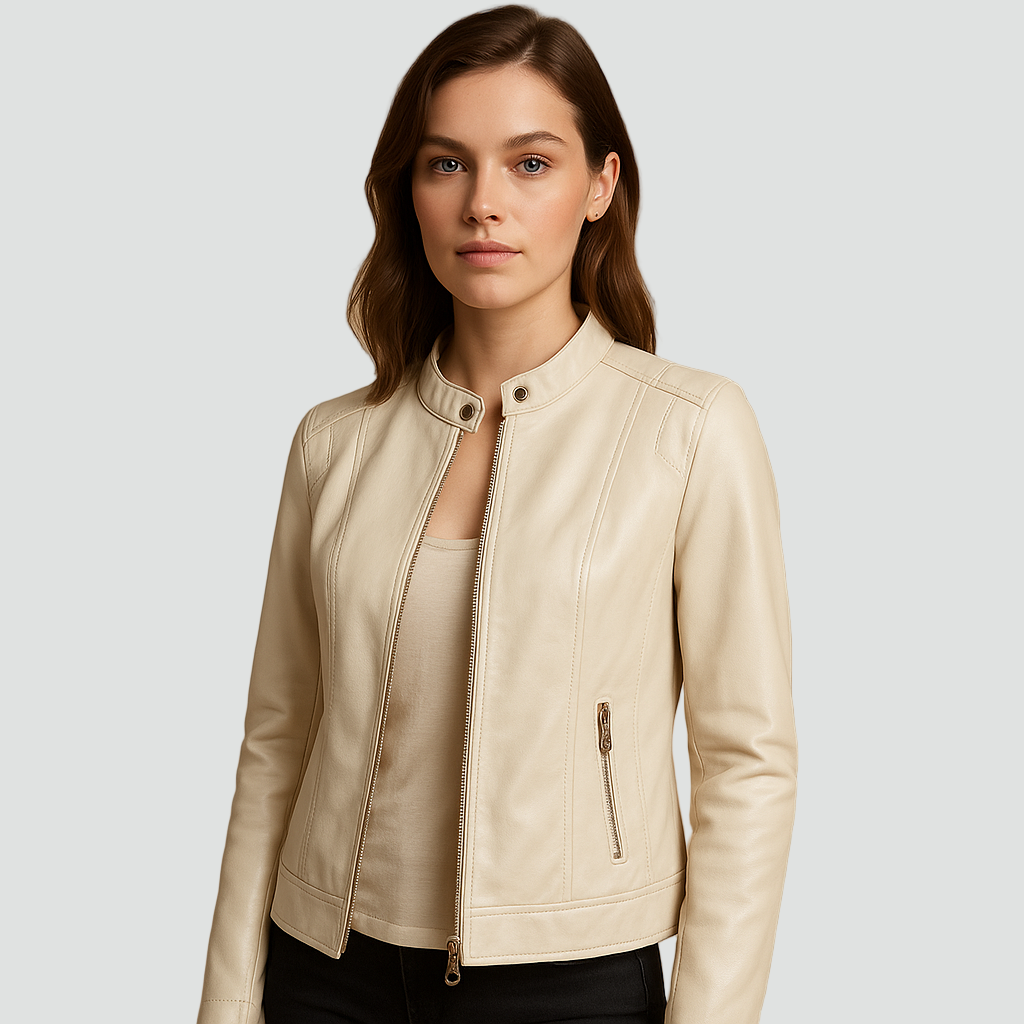 Damska kurtka biker z ekoskóry z zamkiem i stójką