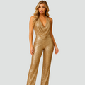 Glitter jumpsuit with draped neckline for women