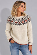 Beige women's sweater with a jacquard yoke in Norwegian style