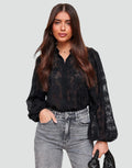 Black women's boho lace blouse with embroidery and puff sleeves