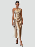 Midi satin dress with an asymmetrical neckline, perfect for a wedding.