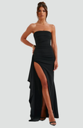 Elegant women's strapless maxi gala gown with slit