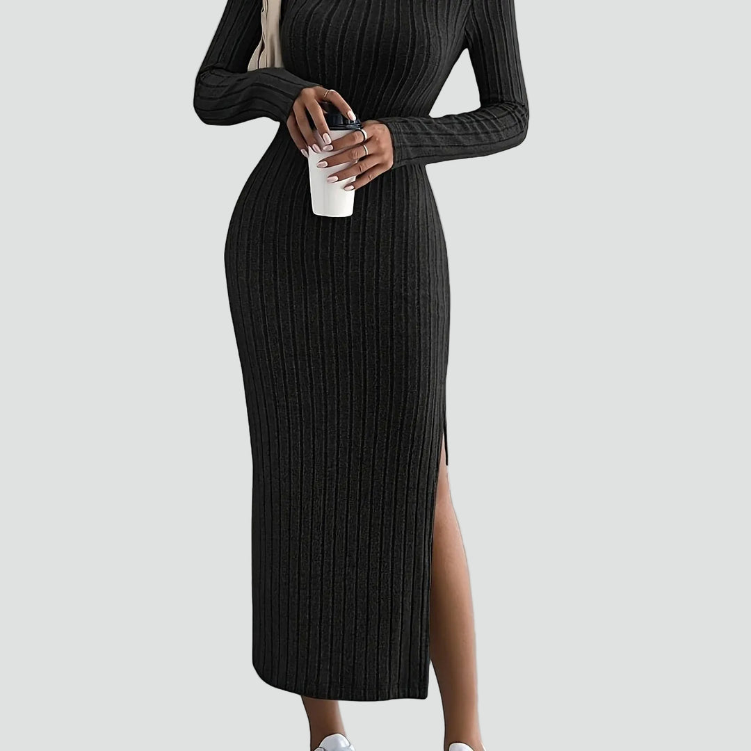 Geribbelde maxi feestjurk met split