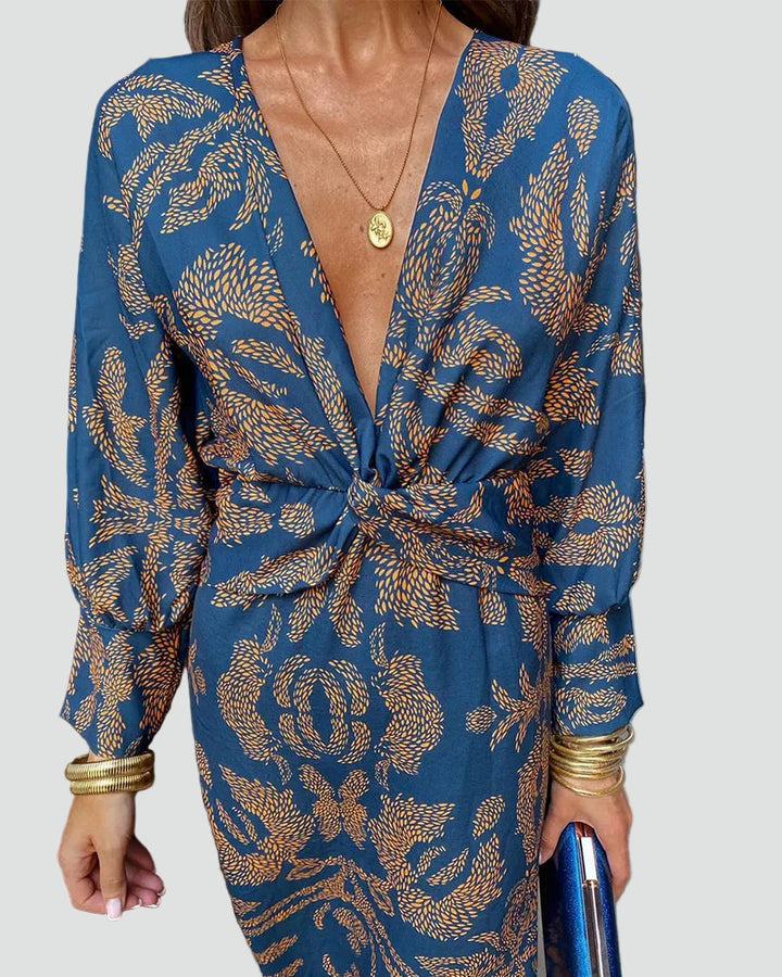 Damska sukienka midi koktajlowa kopertowa z długim rękawem