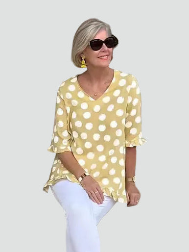 Women's loose polka dot tunic with V-neck for summer