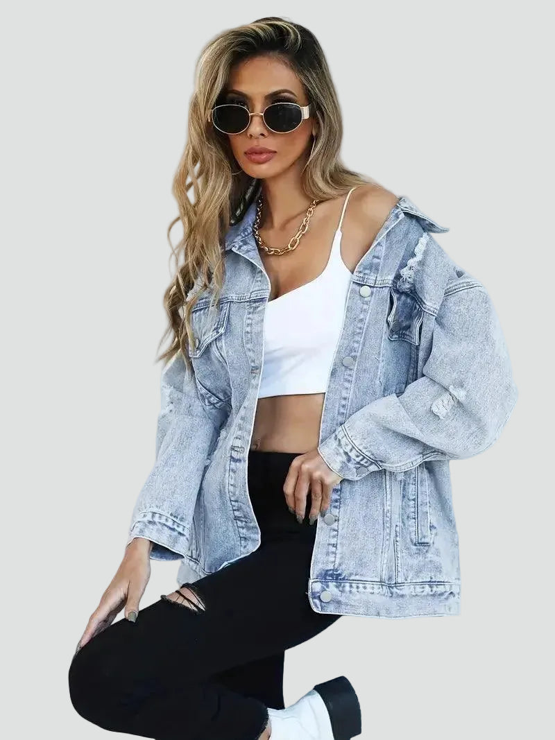 Oversized women's denim jacket with distressing for everyday wear