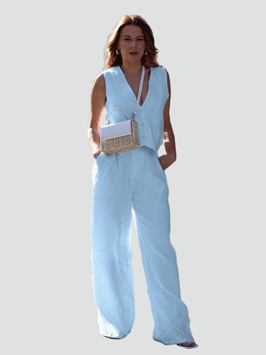 Ensemble féminin en lin avec gilet et pantalon large