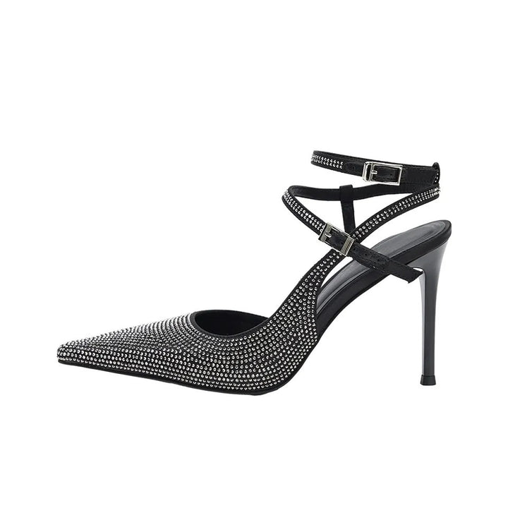 Elegant women's high heels with ankle strap and rhinestone decoration