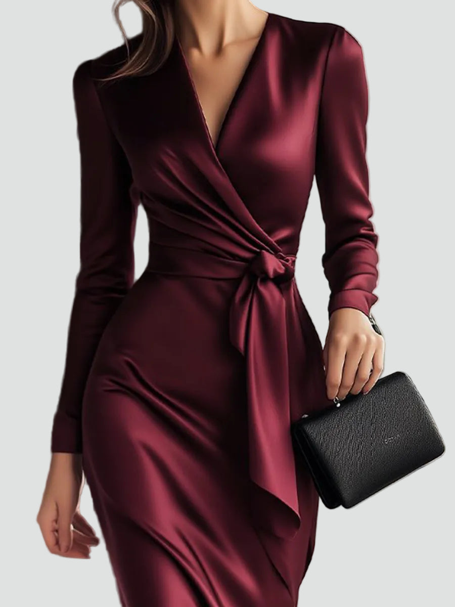 Kopertowa sukienka midi koktajlowa o satynowym wyglądzie z paskiem