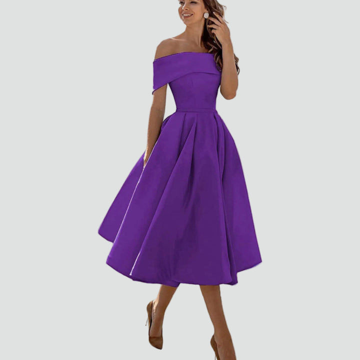 Robe midi cocktail évasée épaules dénudées