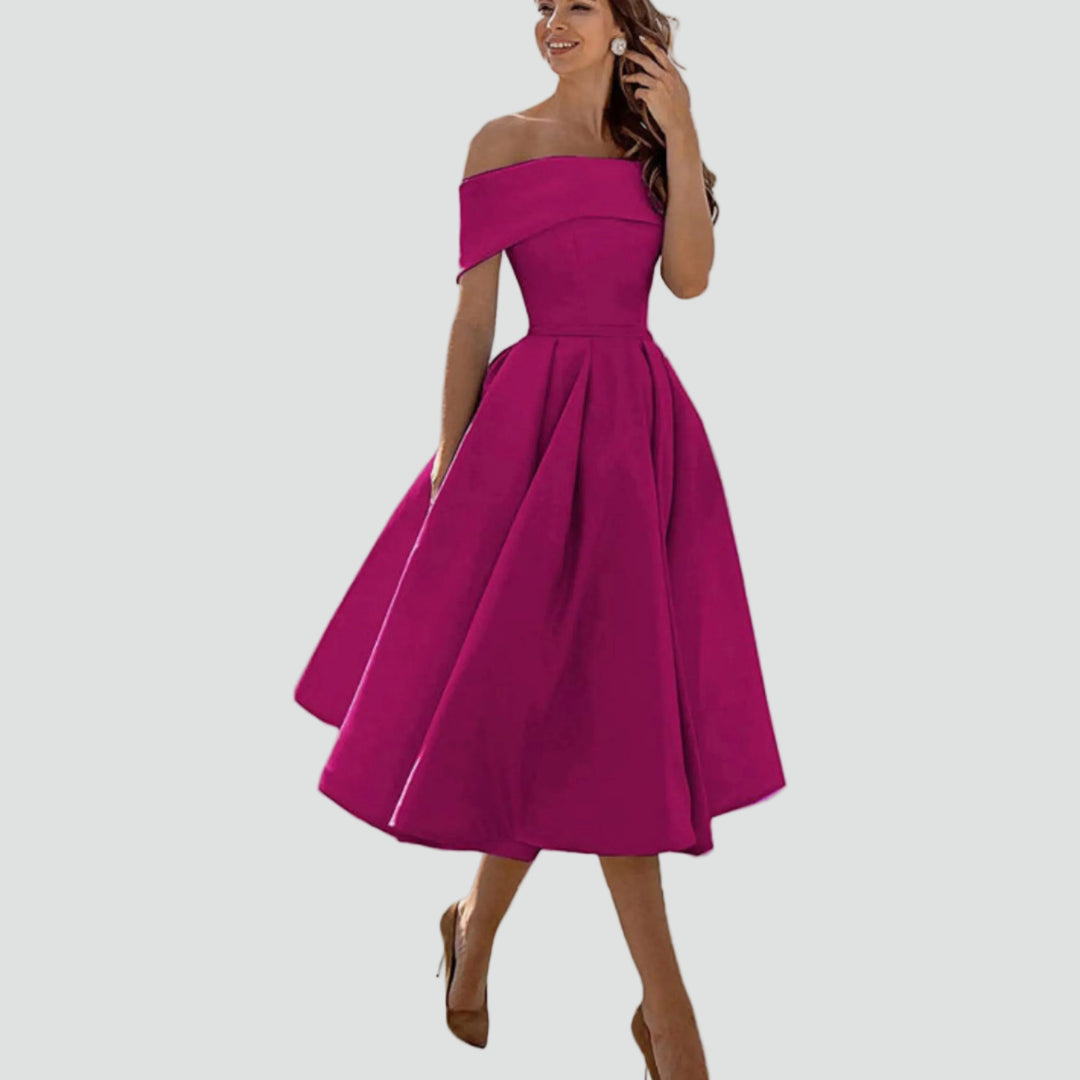 Robe midi cocktail évasée épaules dénudées