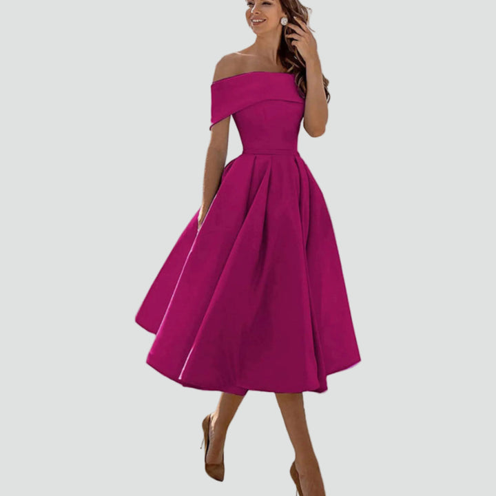 Robe midi cocktail évasée épaules dénudées