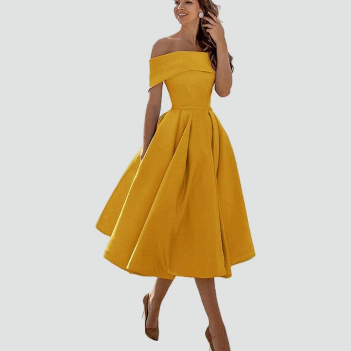 Robe midi cocktail évasée épaules dénudées