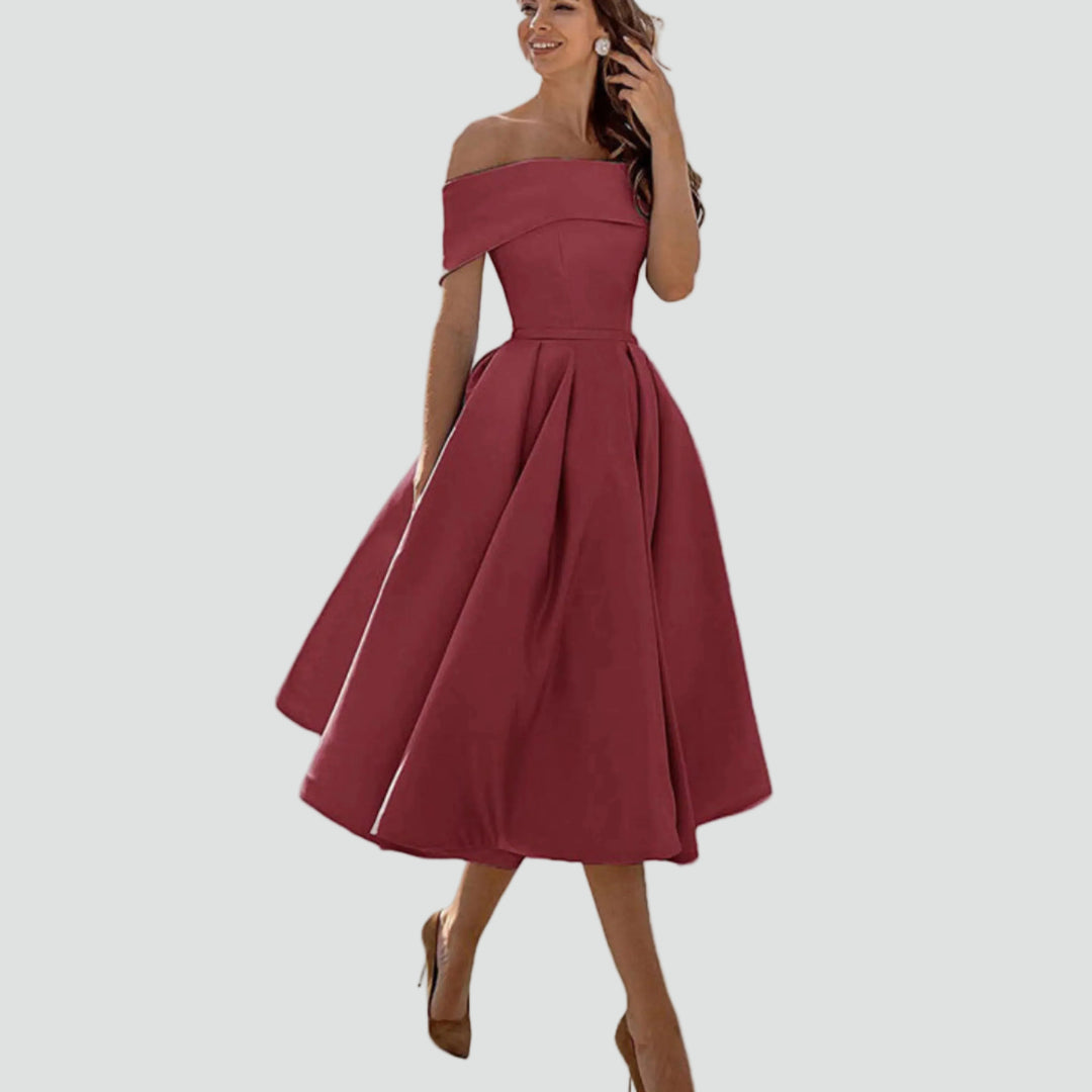 Robe midi cocktail évasée épaules dénudées