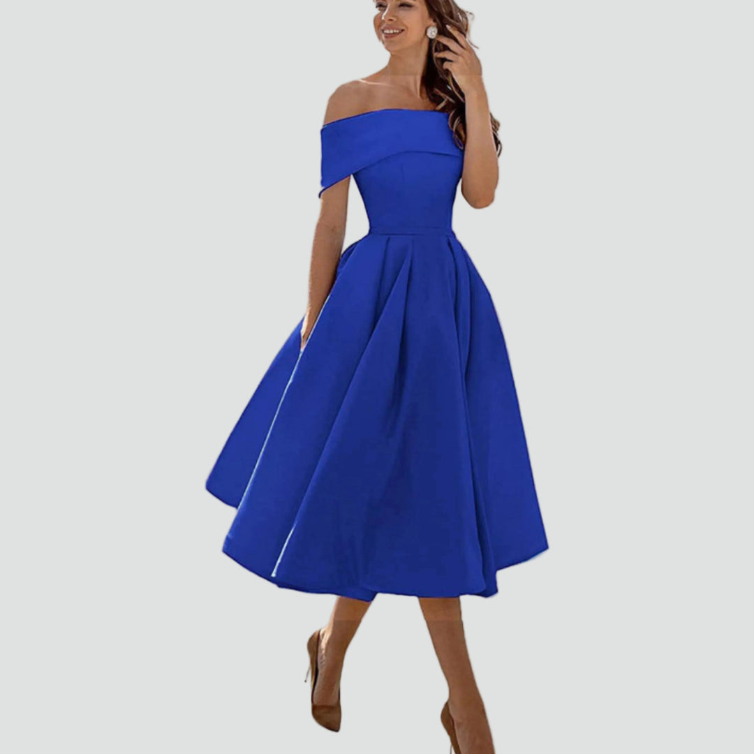 Robe midi cocktail évasée épaules dénudées