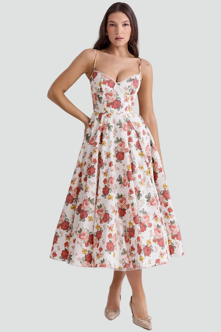 Elegancka sukienka koktajlowa midi damska z gorsetową górą